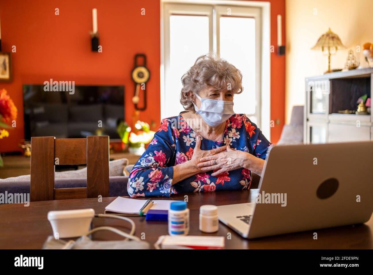 Eine ältere Frau, die sich mit einem Arzt auf ihrem Laptop besprache Stockfoto
