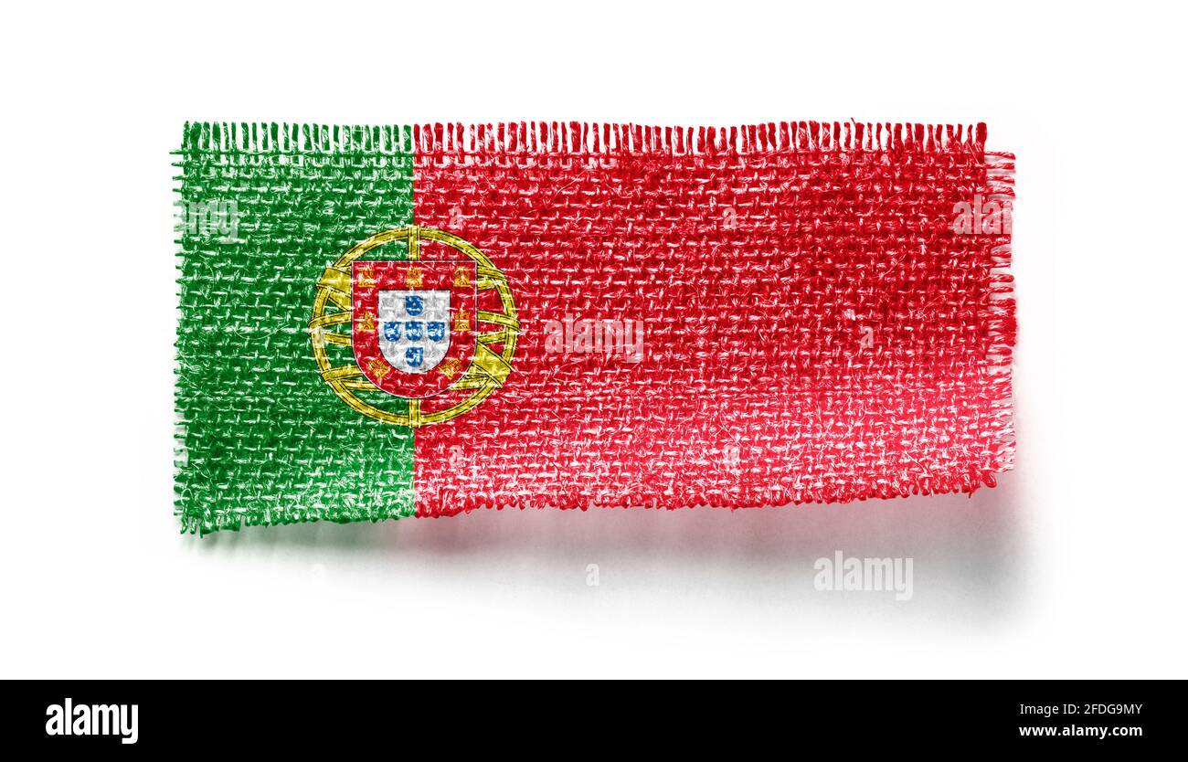 Portugal Flagge auf einem Stück Stoff auf einem weißen Hintergrund Stockfoto