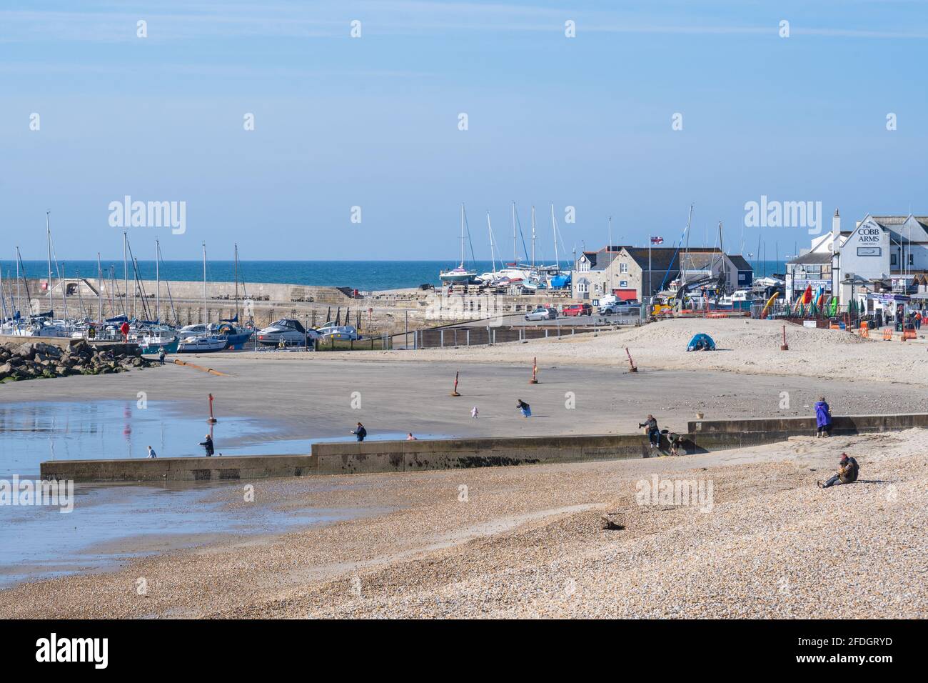 Lyme Regis, Dorset, Großbritannien. April 2021. Wetter in Großbritannien. Ein schöner Start in den Tag bei Lyme Regis. Das hübsche Resort ist von Frühlingssonne und blauem Himmel gebadet. Kredit: Celia McMahon/Alamy Live Nachrichten Stockfoto