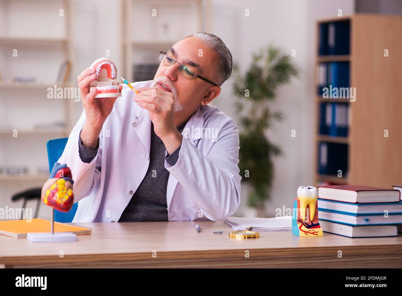 Alte Zahnarztlehrerin sitzt im Klassenzimmer Stockfoto