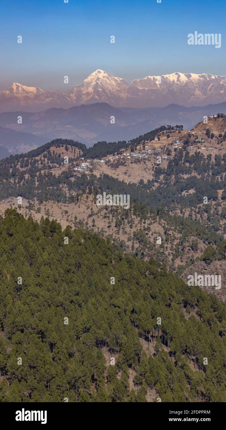 Ein Blick auf den Nanda Devi Gipfel im Himalaya Bergkette mit Bäumen im Vordergrund Stockfoto
