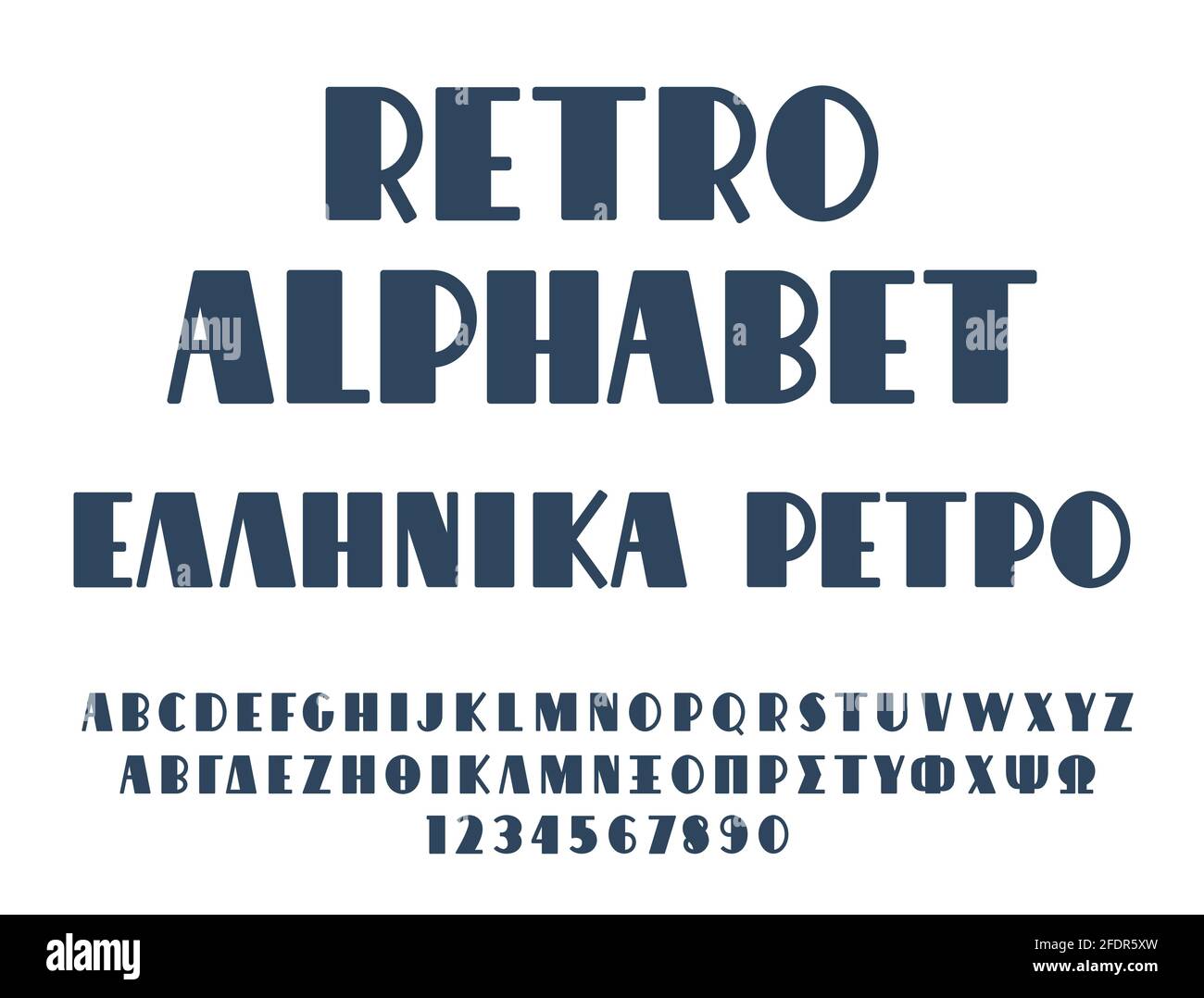 Handschriftzug retro Alphabet in griechischer und englischer Sprache, einschließlich Zahlen isoliert auf weißem Hintergrund. Vektorgrafik Stock Vektor