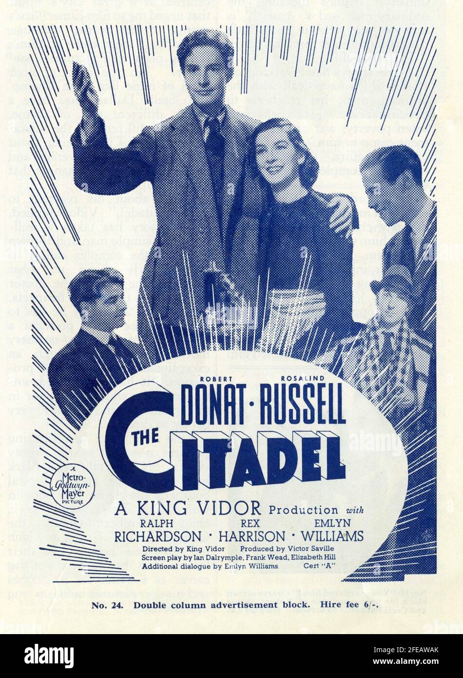 EMLYN WILLIAMS ROBERT DONAT ROSALIND RUSSELL REX HARRISON UND RALPH RICHARDSON IN DER CITADEL 1938 REGIEKÖNIG VIDOR ROMAN A.J. Cronin Drehbuch Ian Dalrymple Frank Wead und Elizabeth Hill zusätzlicher Dialog Emlyn Williams Produzent Victor Saville Metro Goldwyn Mayer British Studios Stockfoto