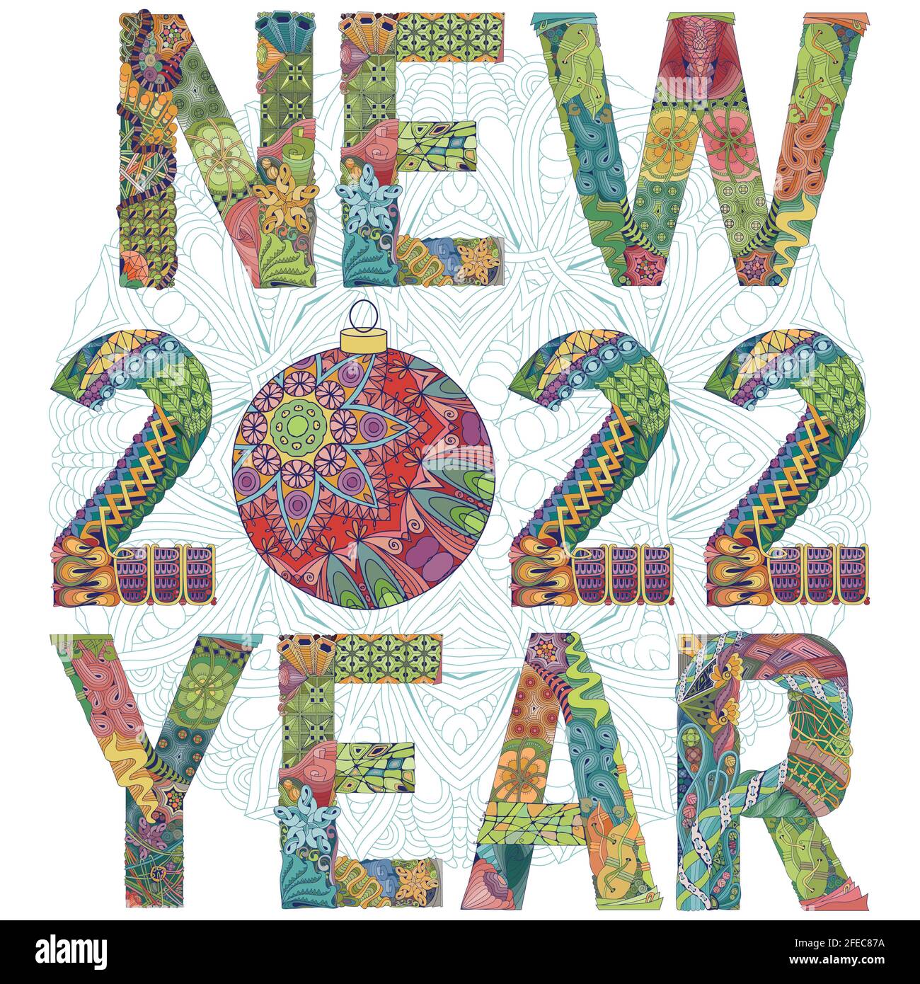Handgemaltes Kunstdesign. Handgezeichnete Farbdarstellung. Nummer zweitausend und einundzwanzig neue Jahr zentangle Objekt. Stock Vektor