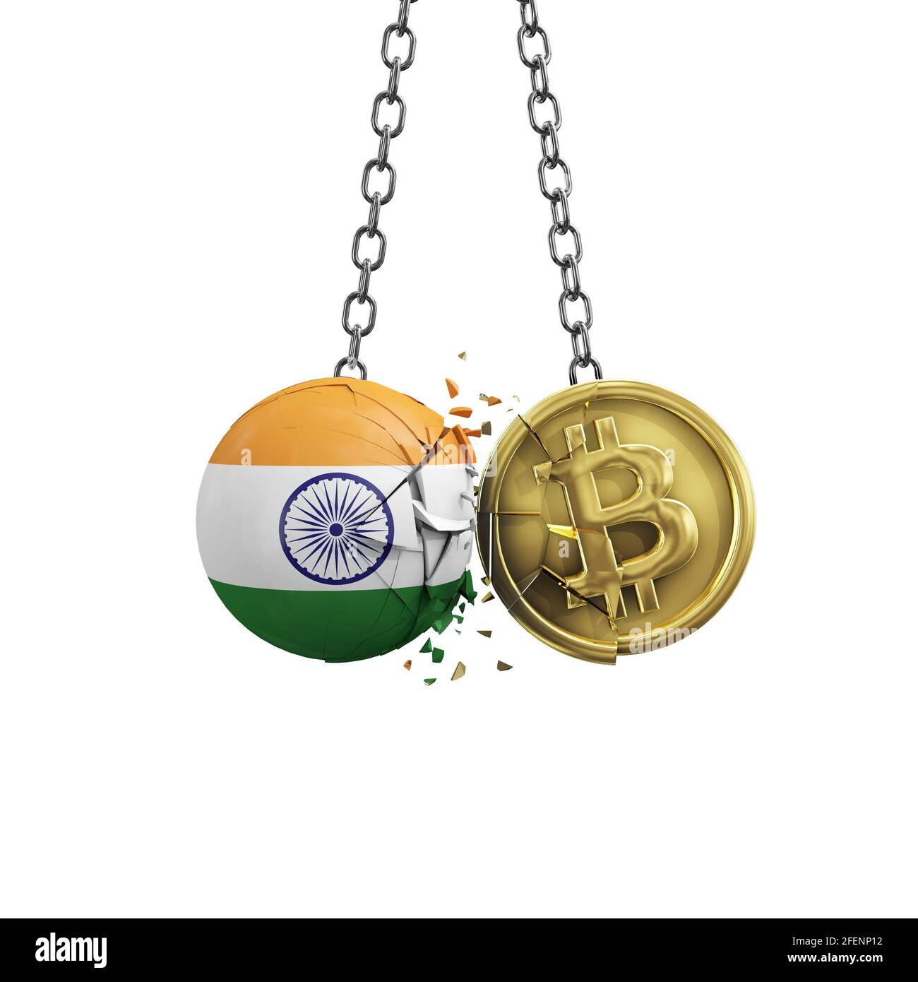 Die indische Flagge zerschlägt in eine goldene Bitcoin-Kryptomünze. 3D-Rendering Stockfoto