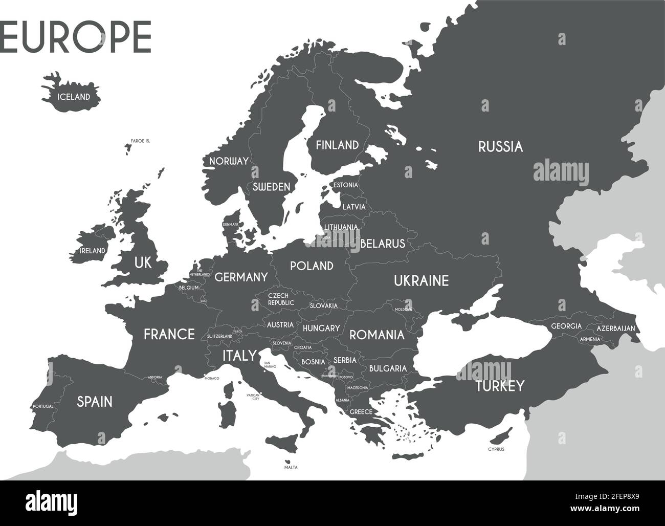 Politische Landkarte von Europa in grauer Farbe mit weißem Hintergrund und den Namen der Länder in englischer Sprache. Vektorgrafik Stock Vektor