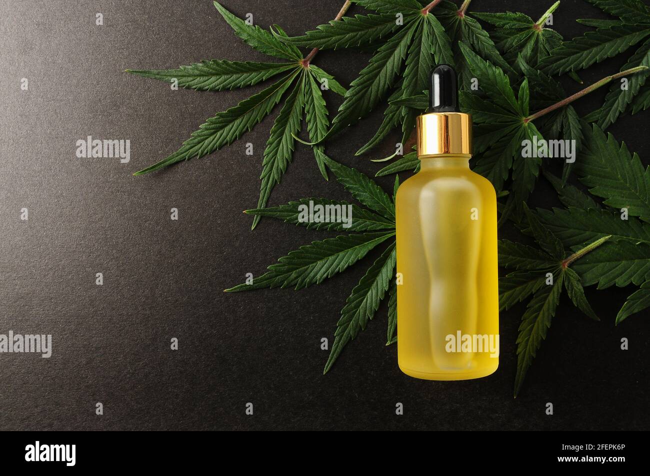 Marihuanaextrakt in der Kosmetologie. Cannabisblätter, cbd-Öl, biologische Kosmetik isoliert auf schwarzem Hintergrund. Draufsicht, flach liegend. Hanf Entspannung, Pasti Stockfoto