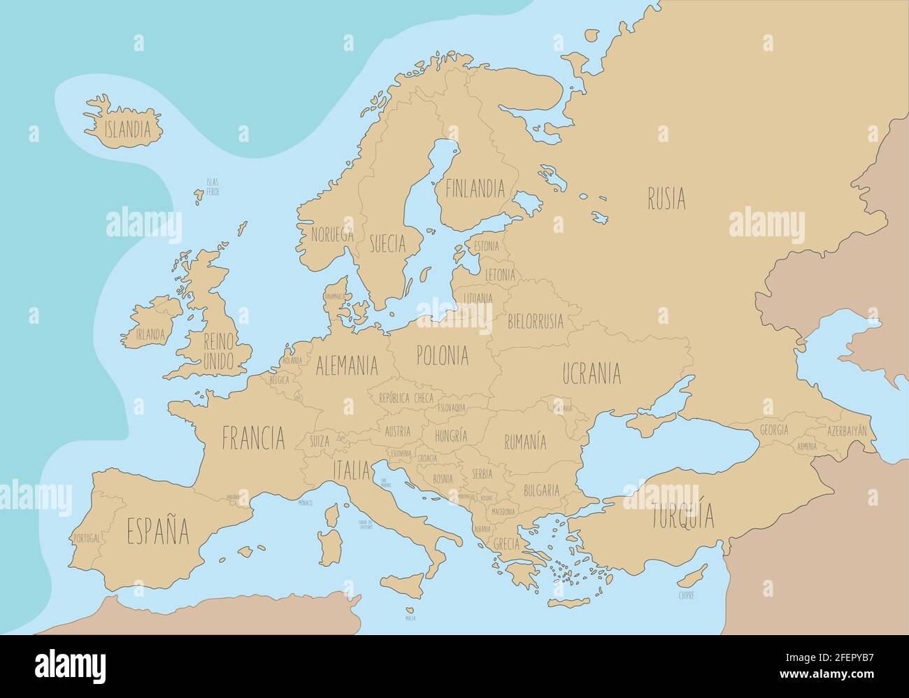 Politische Landkarte von Europa mit Namen auf Spanisch. Vektorgrafik Stock Vektor