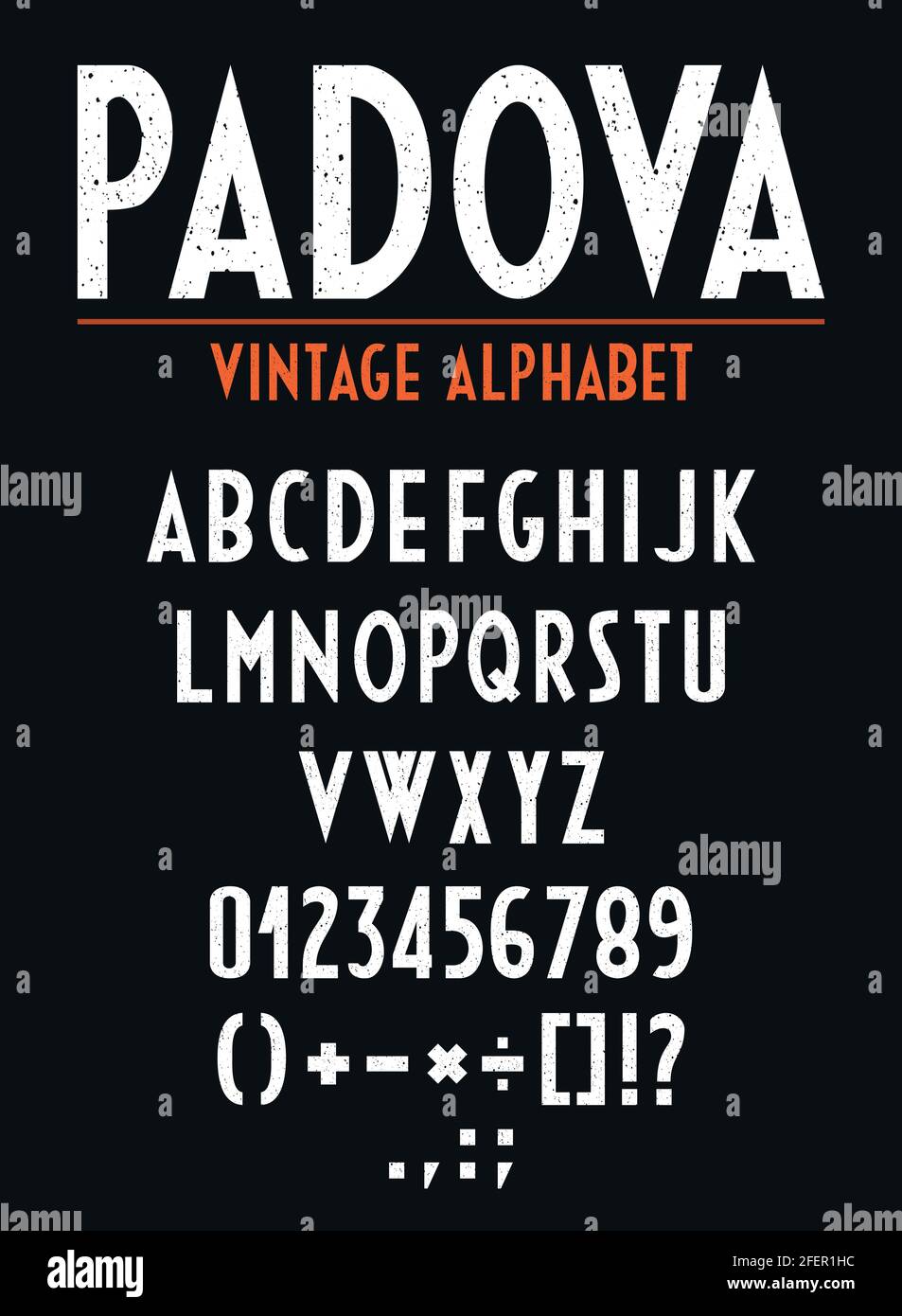 Retro Vintage Alphabet mit Buchstaben, Zahlen und orthographischen Zeichen Stock Vektor