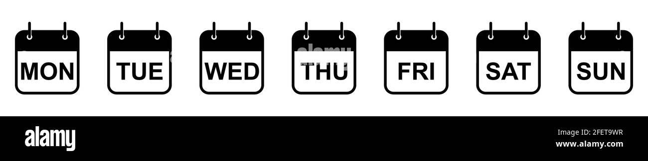 Kalendersymbole für jeden Wochentag. Satz schwarzer Kalendersymbole. Vektorgrafik. Isolierte Kalendersymbole auf weißem Hintergrund Stock Vektor