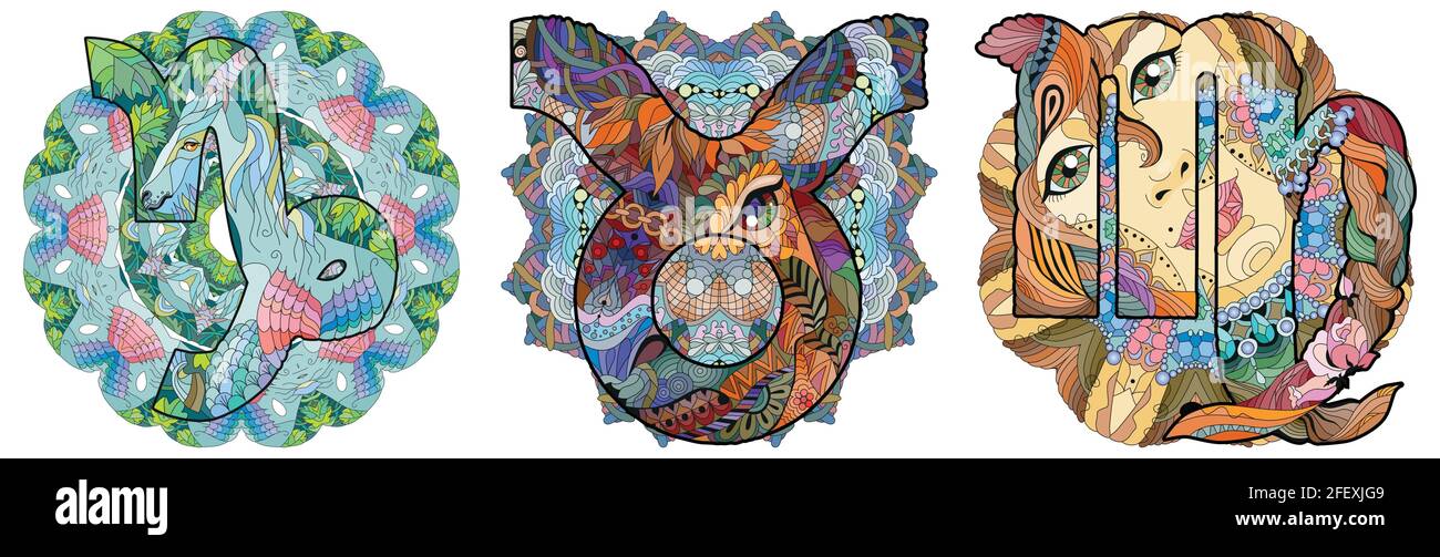 Handgemaltes Kunstdesign mit Mandalas. Handgezeichnete Illustrationsworte Steinbock, Jungfrau und Stier für T-Shirt und andere Deko Stock Vektor