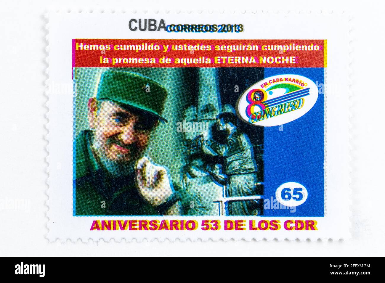 Fidel Castro in Vintage-Briefmarke 'Cuba Correos'. 53. Jahrestag des CDR (Komitee für Verteidigung der Revolution). Jahr 2013 Stockfoto