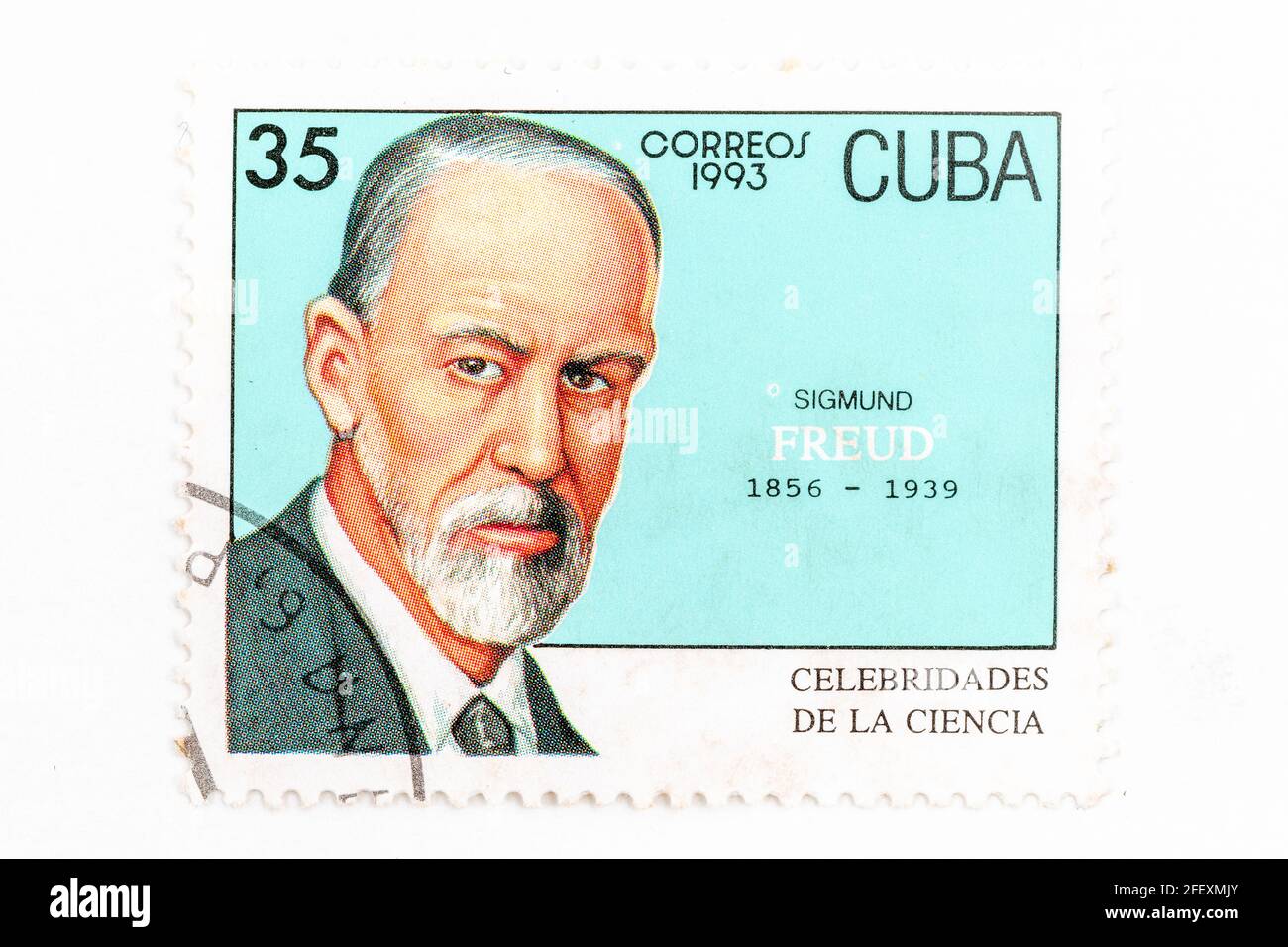 Sigmund Freud. Kubanische Vintage-Postmarken zum Thema „die Namen der Wissenschaft“. Die Serie wurde 1993 veröffentlicht Stockfoto
