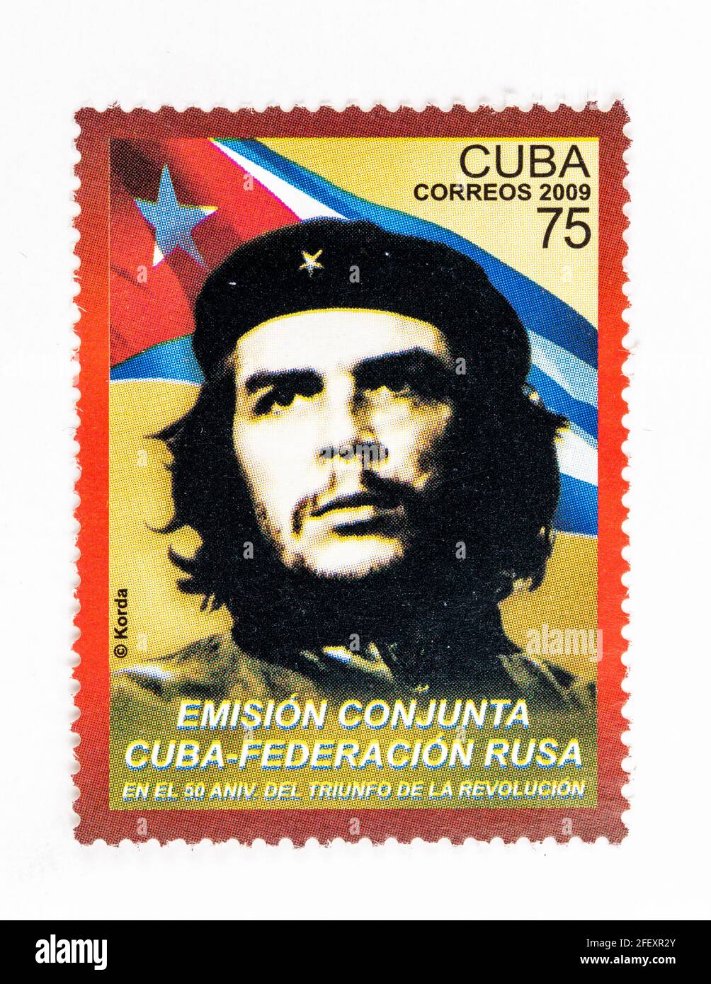Vintage 'Cuba Correos' Marke mit dem Che Guevara Bild. Jahr 2009. Sonderemission der Russischen Föderation und Kubas zum 50. Jahrestag des Th Stockfoto