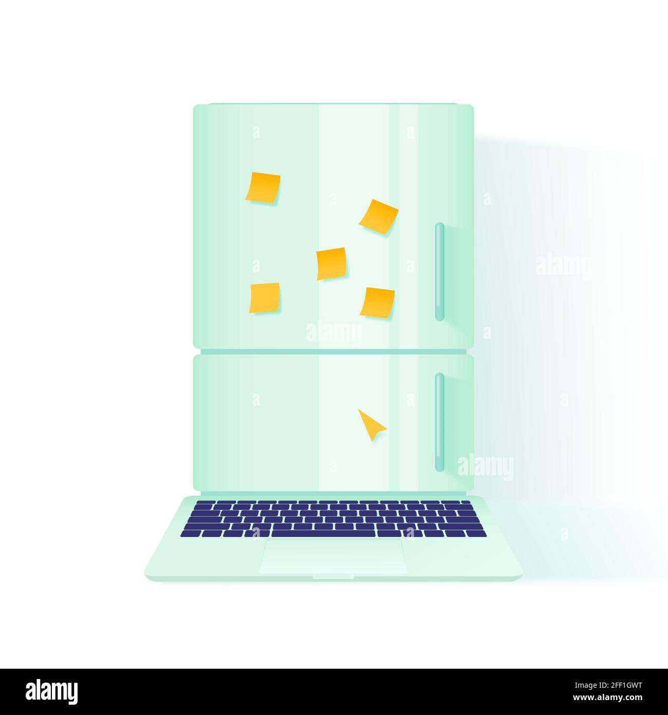 Ein Laptop in Form eines Kühlschranks. Arbeiten von zu Hause, Aufschieben und Ablenkung Konzept. Vektorgrafik. Stock Vektor