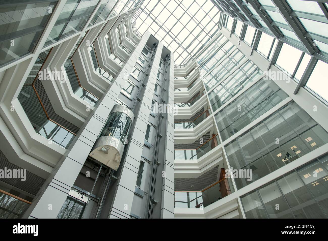 Moderne, runde Büroeinrichtung mit Aufzug, der sich nach oben bewegt und mit Glasflächen ausgestattet ist Wände Stockfoto