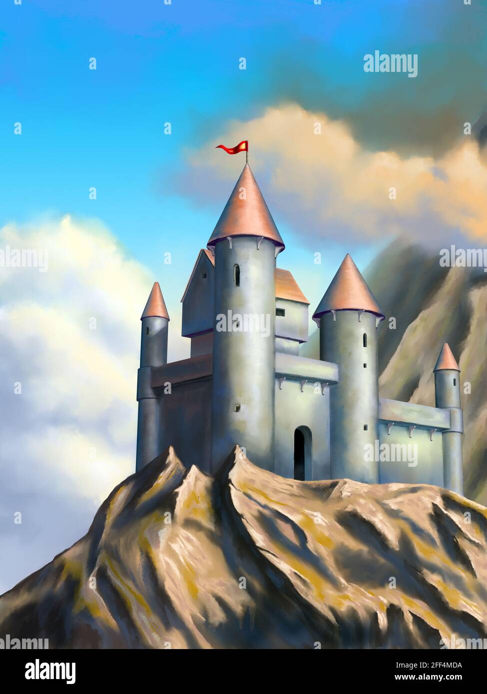 Mittelalterliche Burg in einer imaginären Landschaft. Digitale Originaldarstellung. Stockfoto
