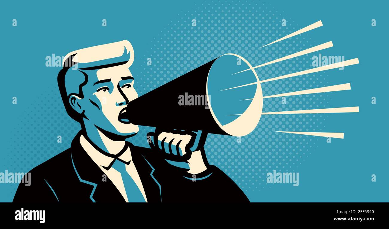Ein Mann mit einem Lautsprecher schreit und kündigt an. Geschäftskonzept. Vektordarstellung für Megaphone Stock Vektor