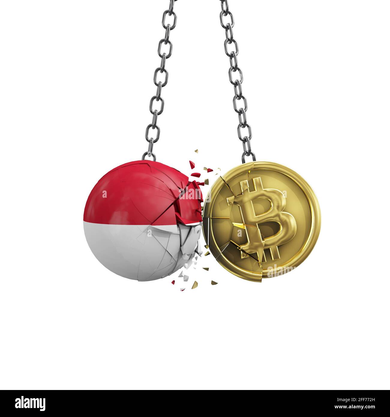 Indonesische Flagge zerschlägt in eine goldene Bitcoin-Kryptomünze. 3D-Rendering Stockfoto