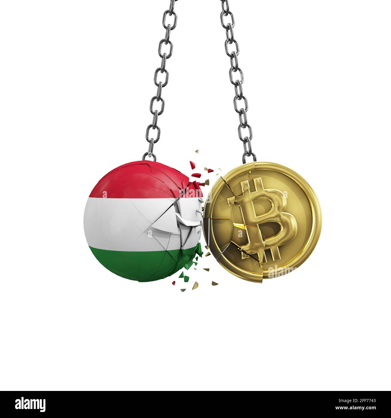 Ungarische Flagge zerschlägt in eine goldene Bitcoin-Kryptomünze. 3D-Rendering Stockfoto