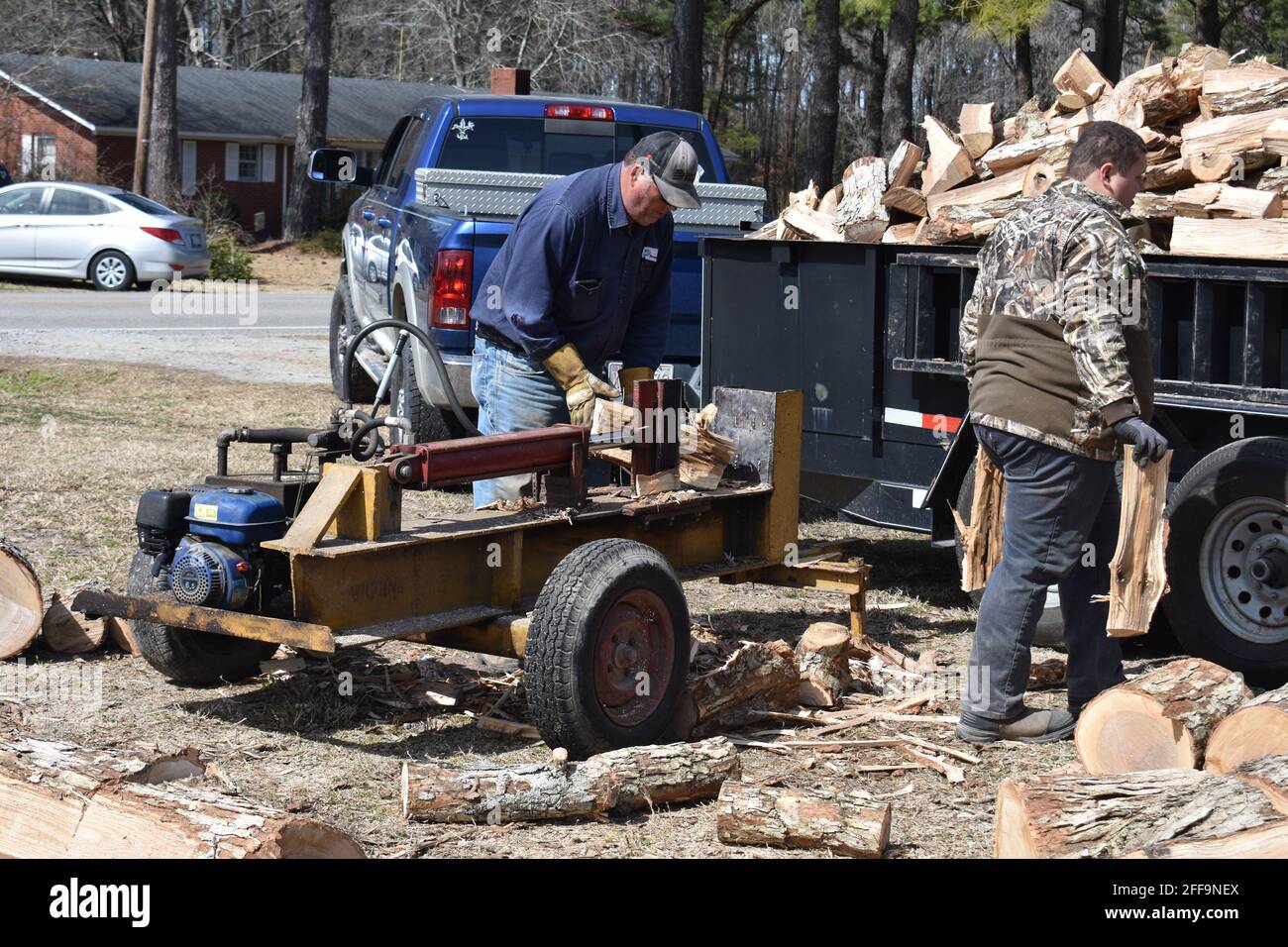 Männer Spalten Holzstämme für Brennholz. Stockfoto