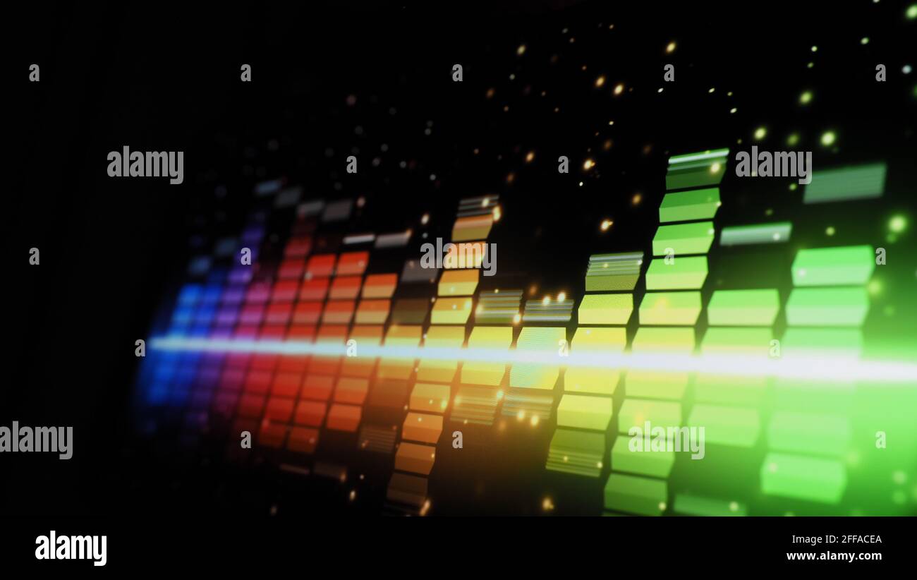 Music Equalizer-Leiste. Audio-Waveform-Equalizer auf schwarzem Hintergrund. Musik oder Schallwelle auf Monitor. Bunte Sound Visualizer abstrakt. Gradient Stockfoto