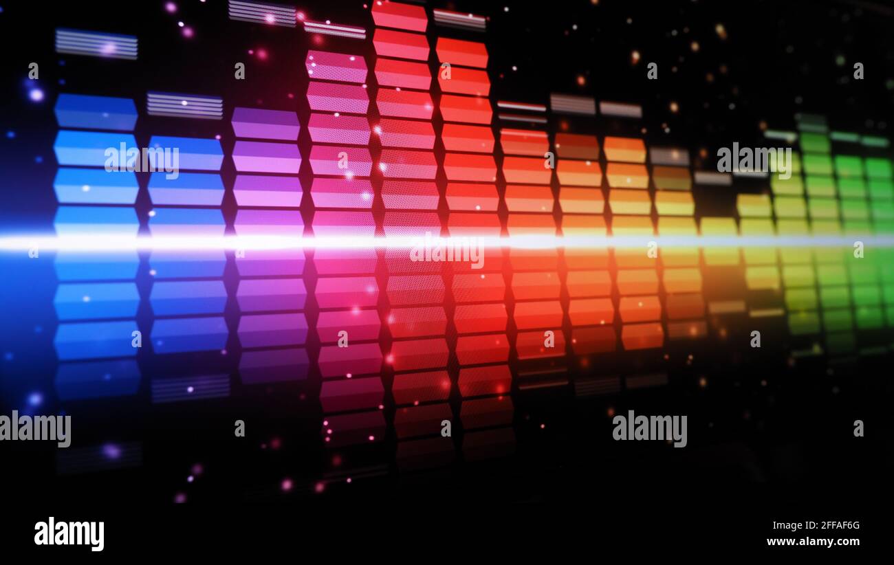 Music Equalizer-Leiste. Audio-Waveform-Equalizer auf schwarzem Hintergrund. Musik oder Schallwelle auf Monitor. Bunte Sound Visualizer abstrakt. Gradient Stockfoto
