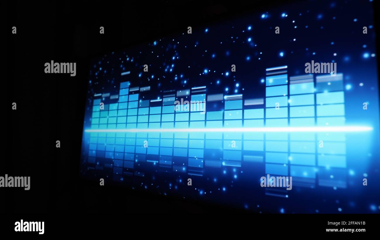 Music Equalizer-Leiste. Audio-Waveform-Equalizer auf schwarzem Hintergrund. Musik oder Schallwelle auf Monitor. Bunte Sound Visualizer abstrakt. Gradient Stockfoto