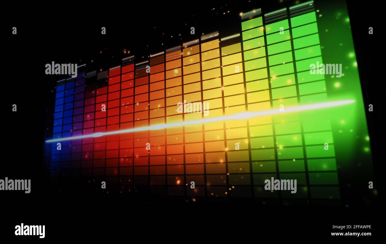 Music Equalizer-Leiste. Audio-Waveform-Equalizer auf schwarzem Hintergrund. Musik oder Schallwelle auf Monitor. Bunte Sound Visualizer abstrakt. Gradient Stockfoto
