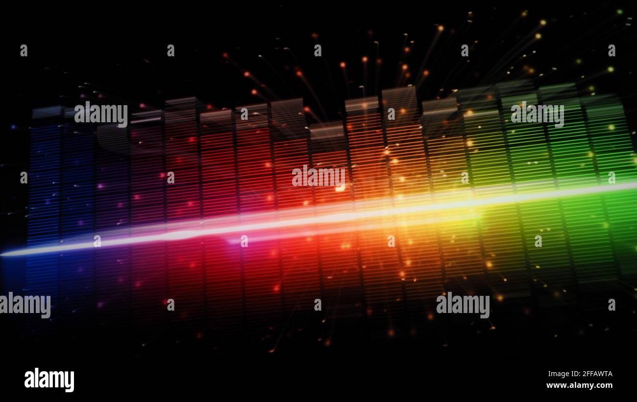 Music Equalizer-Leiste. Audio-Waveform-Equalizer auf schwarzem Hintergrund. Musik oder Schallwelle auf Monitor. Bunte Sound Visualizer abstrakt. Gradient Stockfoto