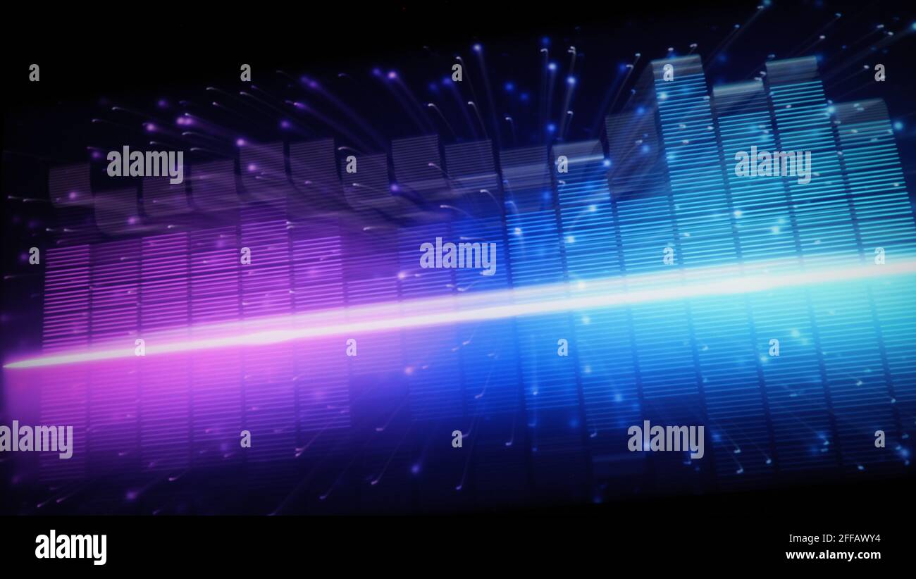 Music Equalizer-Leiste. Audio-Waveform-Equalizer auf schwarzem Hintergrund. Musik oder Schallwelle auf Monitor. Bunte Sound Visualizer abstrakt. Gradient Stockfoto