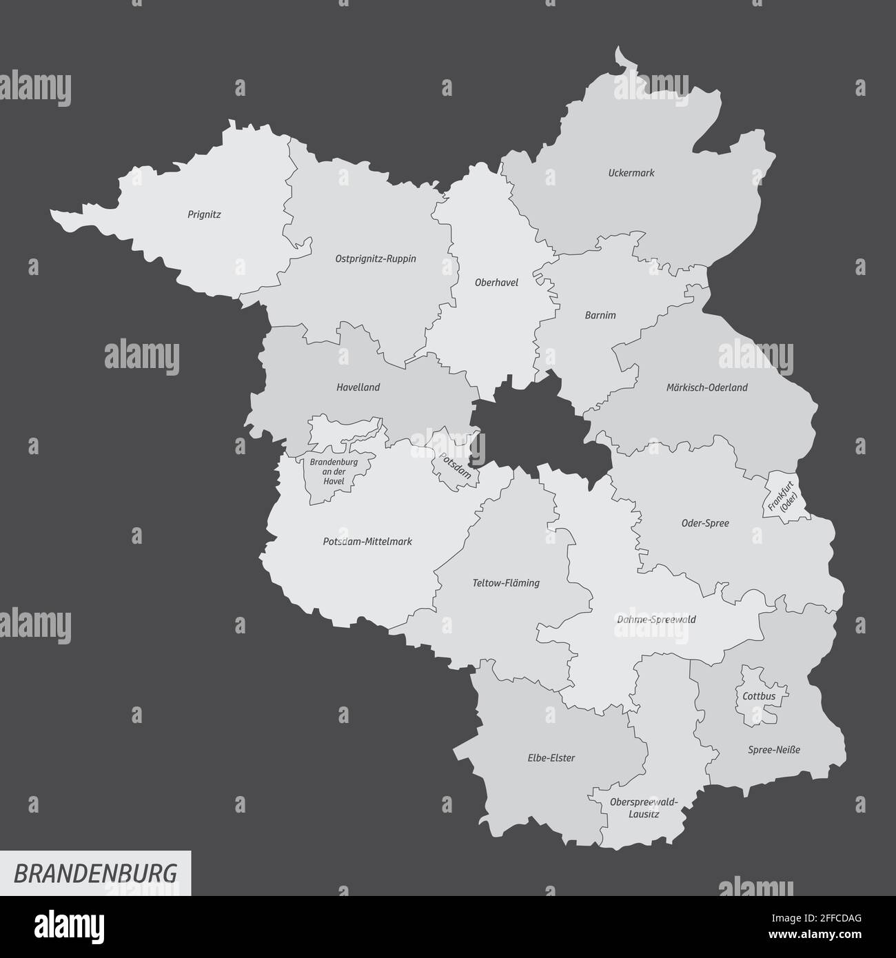 Das Land Brandenburg, isolierte Karte in Bezirke mit Beschriftungen, Deutschland Stock Vektor