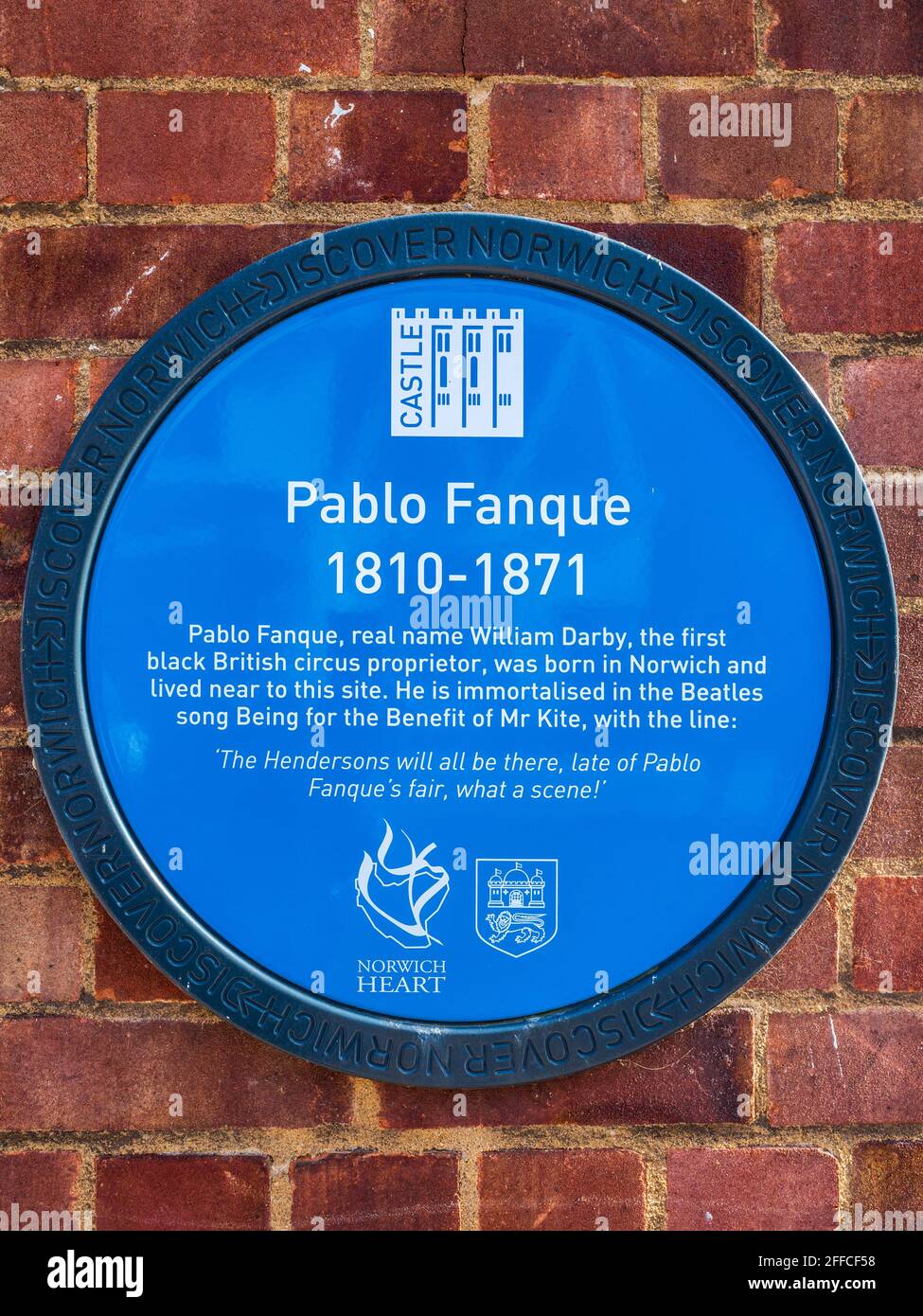 Pablo Fanque Blaue Plakette Norwich - Pablo Fanque, ein Zirkusbesitzer aus Norwich, wurde im Beatles-Lied zum Wohle von Mr Kite verewigt. Stockfoto