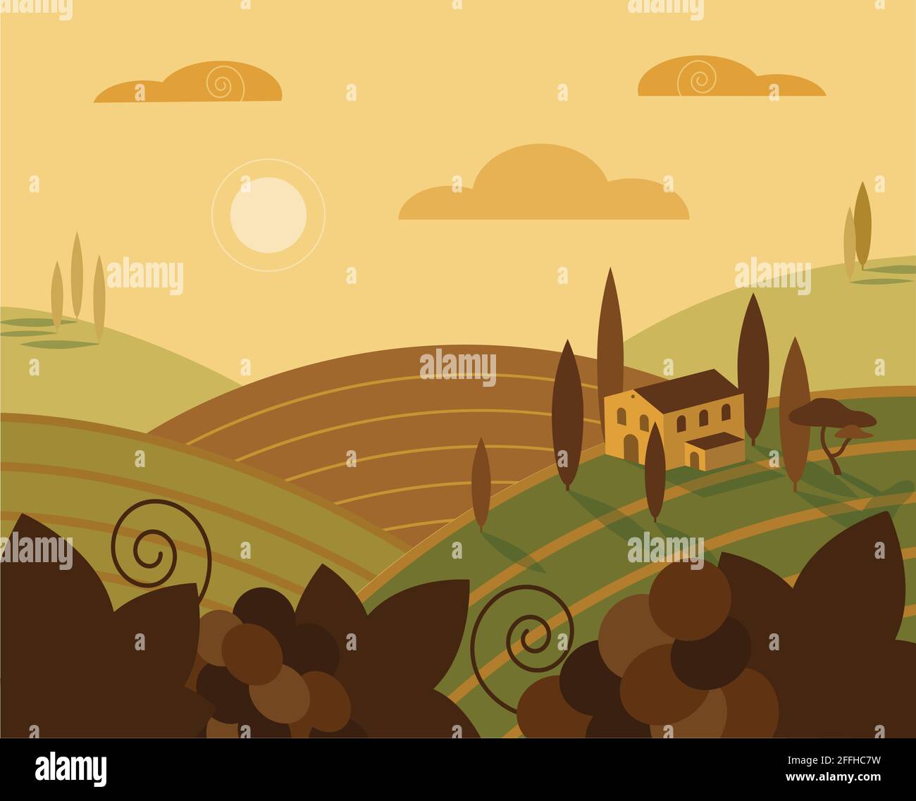 Itallian Weingut Sonnenuntergang Landschaft Vektor flach bunte Illustration. Horizontale Weintrauben Hügel Konzepte für Web. Für Druck, Design, Aufkleber, decora Stock Vektor