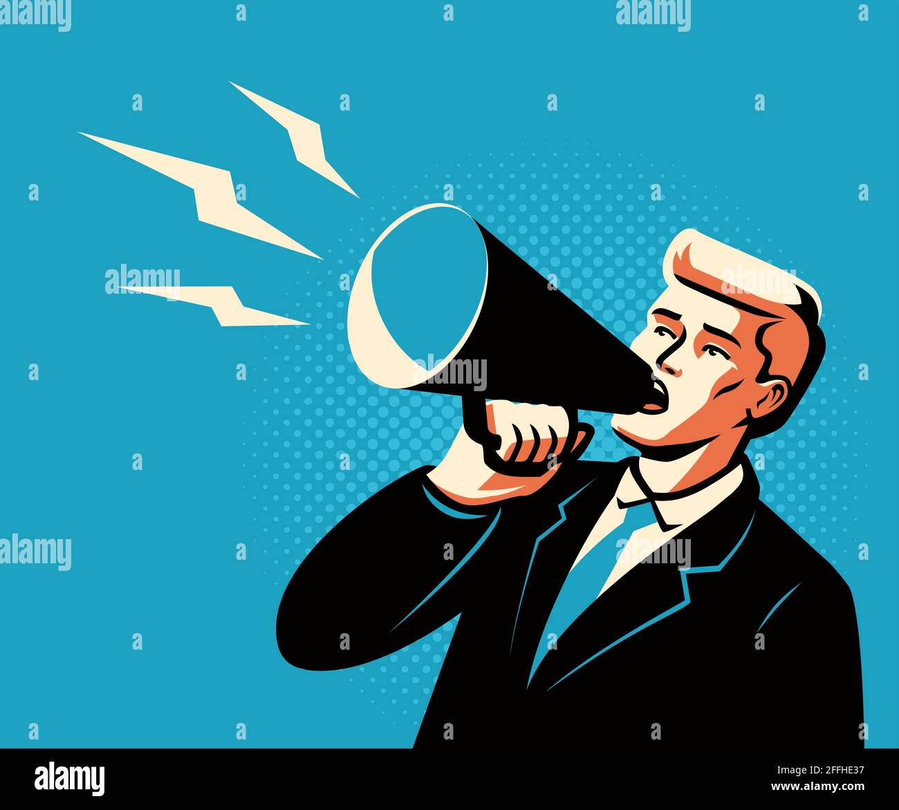 Mann im Business-Anzug mit Lautsprecher oder Megaphon. Vektor-Illustration im Pop-Art-Comic-Stil Stock Vektor