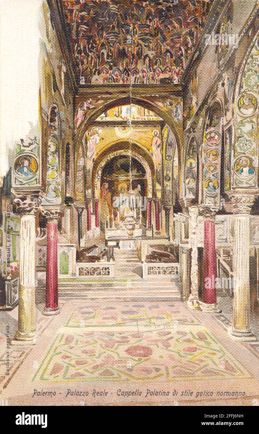 Italienische Vintage-Postkarte des Innenraums der Cappella Palatina im Palazzo dei Normanni oder Königspalast von Palermo (Palazzo reale) in Palermo, Sizilien, Italien. Stockfoto