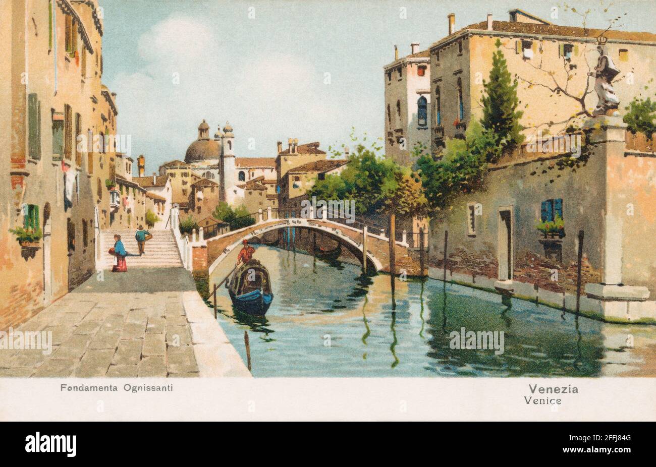 Italienische Vintage-Postkarte der Fondamenta Ognissanti und des Rio del Ognissanti in Venedig, Italien. Stockfoto