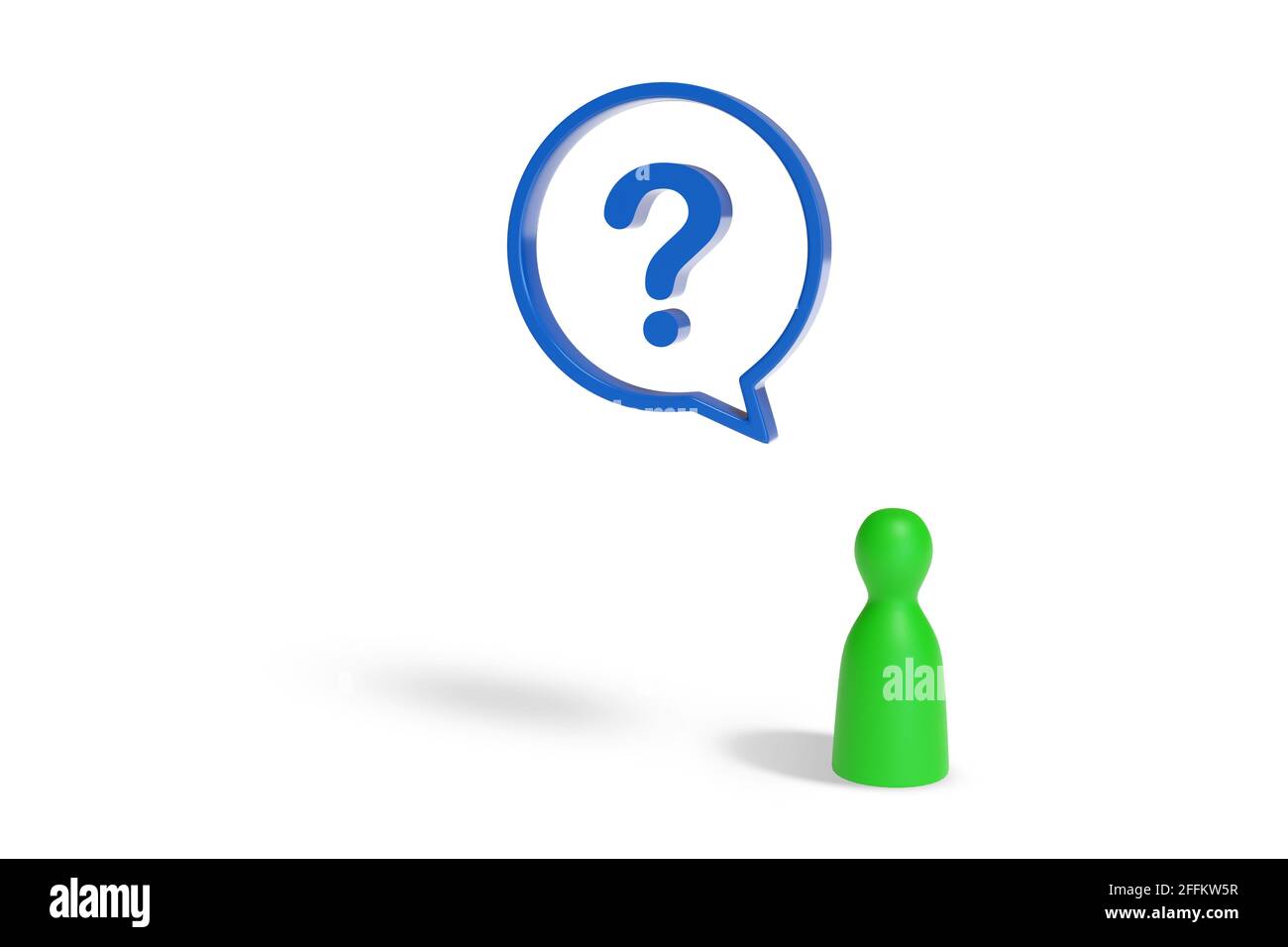 Bauer mit Sprechblase und einem Fragezeichen isoliert auf weißem Hintergrund. 3d-Illustration. Stockfoto