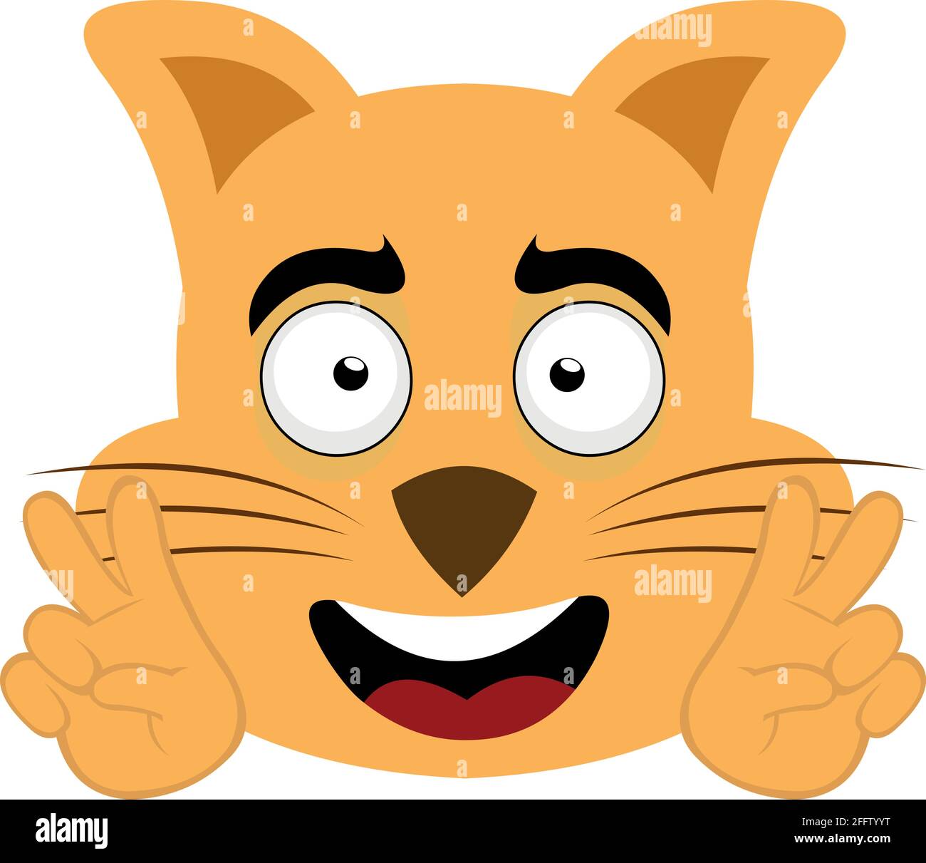 Vektor-Emoticon Illustration einer Cartoon-Katze Kopf mit einem Glücklicher Ausdruck, der das Symbol des Friedens und der Liebe mit macht Seine Hände Stock Vektor