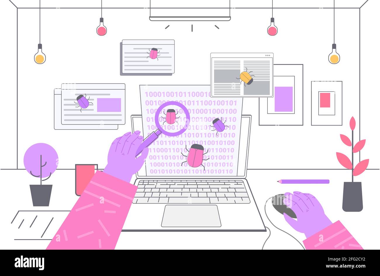 Person mit Vergrößerungszoom Fixierung Malware Antivirus Scannen Virenangriff Konzept zur Erkennung von trojanischen Suchfehlern Stock Vektor