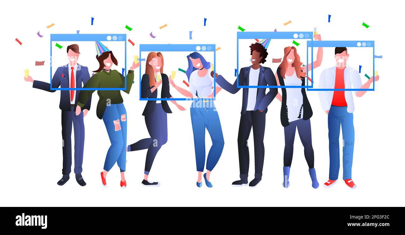 Mischen Rennen Geschäftsleute halten Web-Browser-Fenster feiern Firmenfeier Online-Kommunikation Stock Vektor