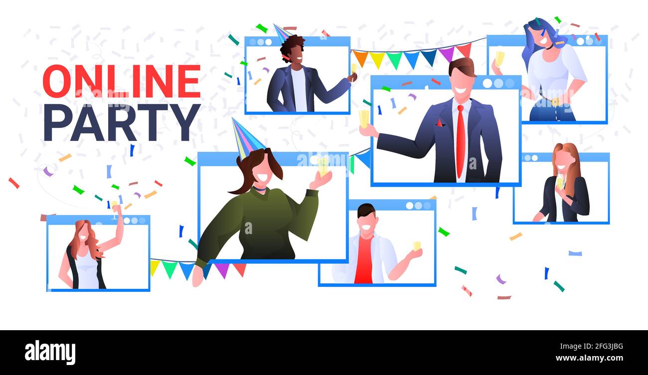 Geschäftsleute in Webbrowserfenstern feiern die Online-Kommunikation von Firmenfeiern Selbstisolierung Stock Vektor