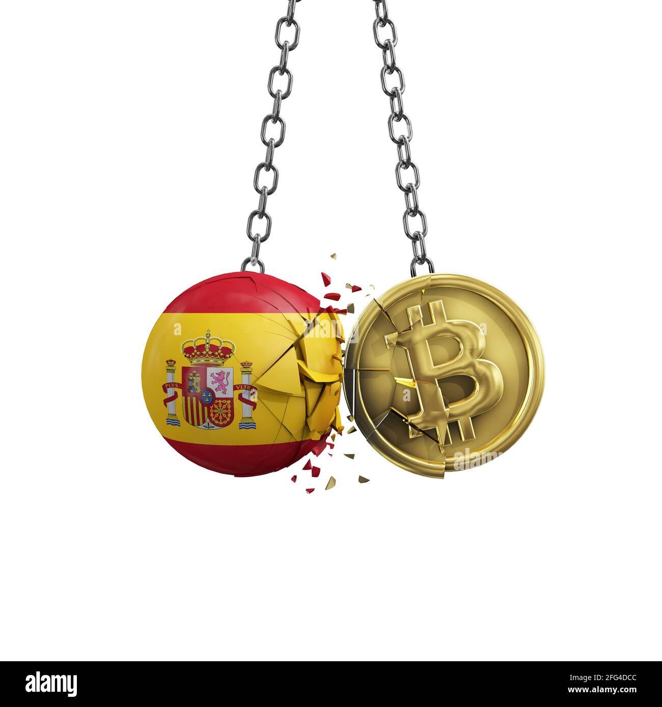 Die spanische Flagge zerschlägt in eine goldene Bitcoin-Kryptomünze. 3D-Rendering Stockfoto