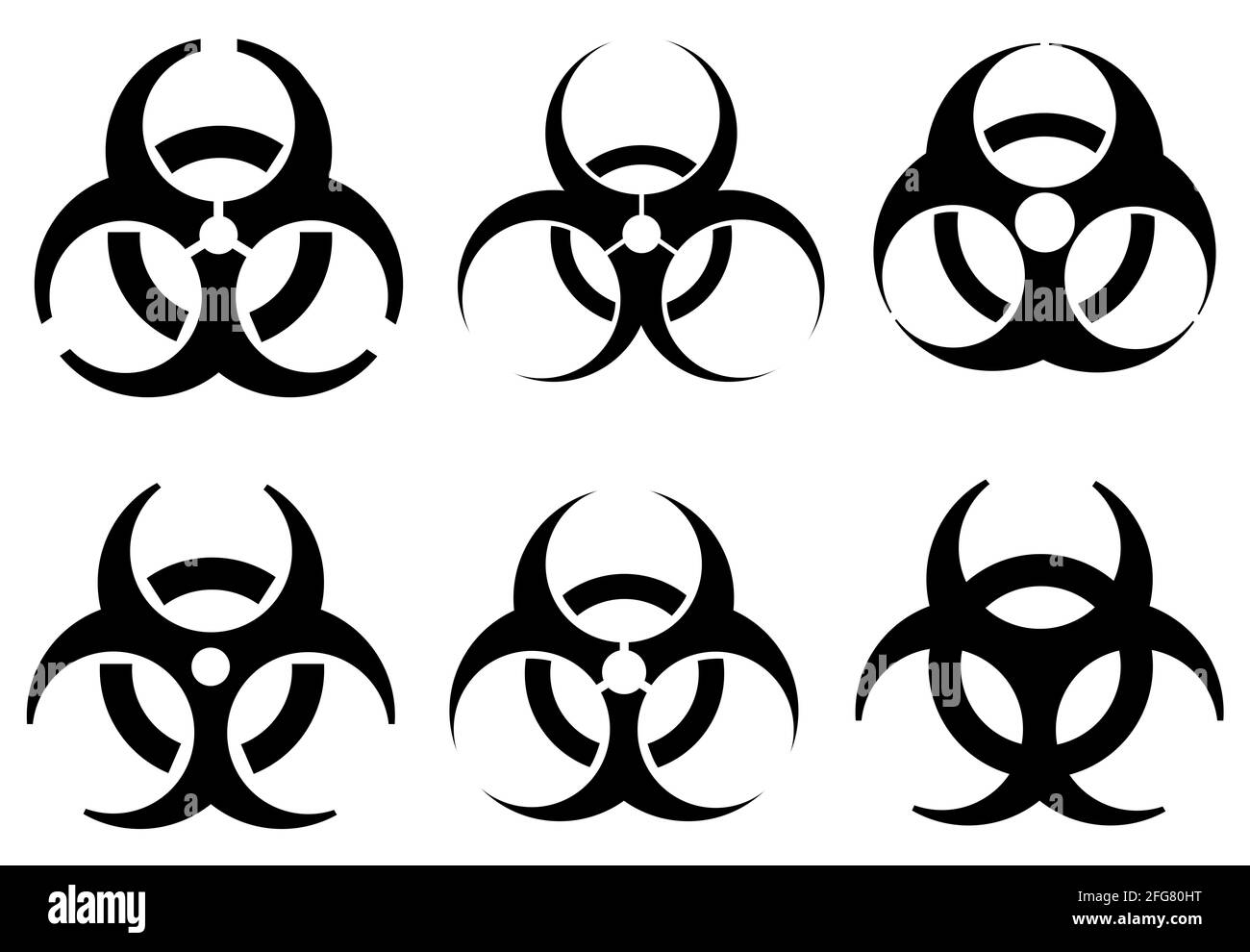 Satz von verschiedenen Biogefahrenzeichen isoliert auf weiß Stockfoto