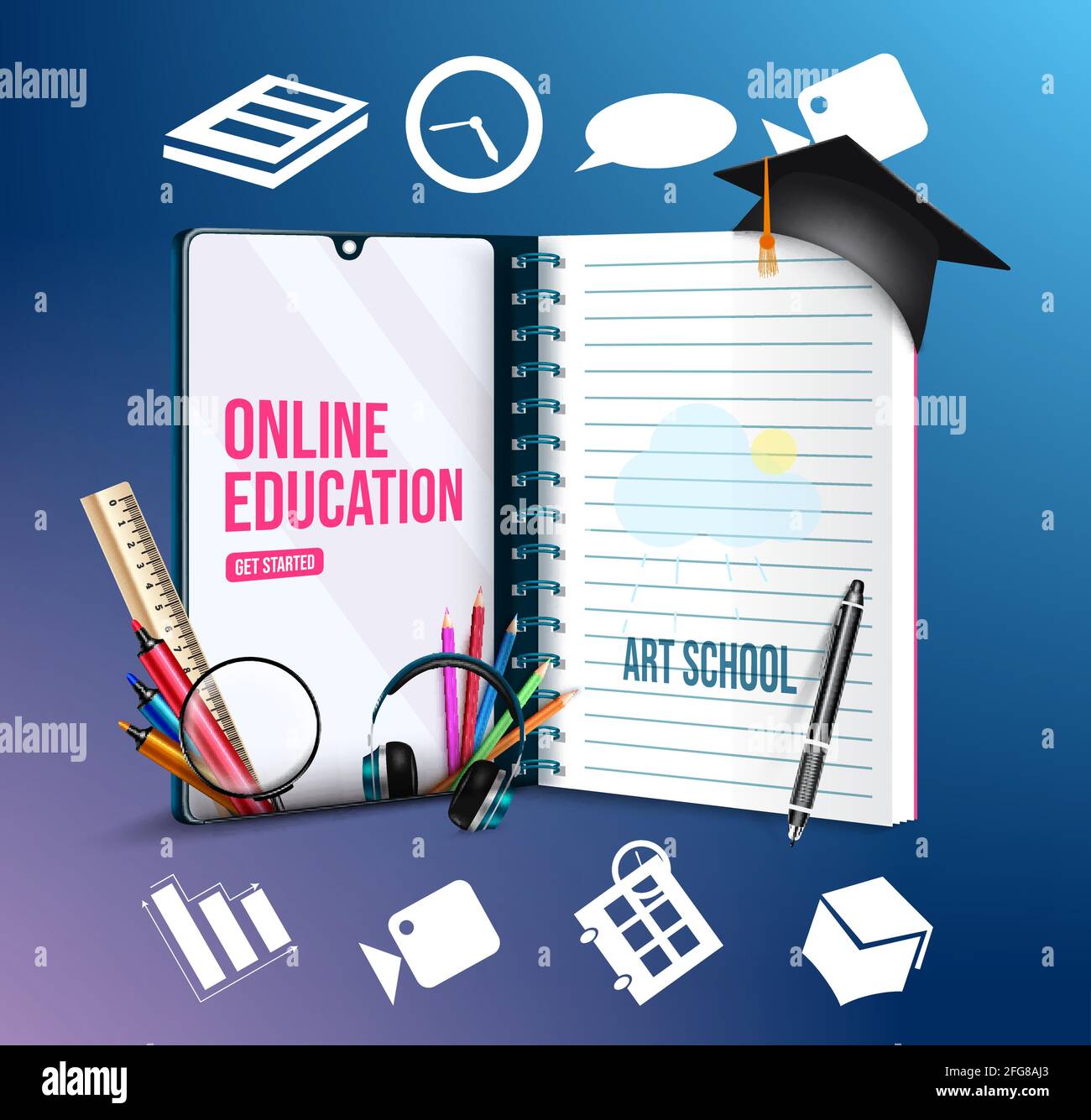 Online-Bildung Vektor Konzept-Design. Online-Bildung Art School Text in Handy mit Notebook und digitale Bildung Symbol für kreative. Stock Vektor