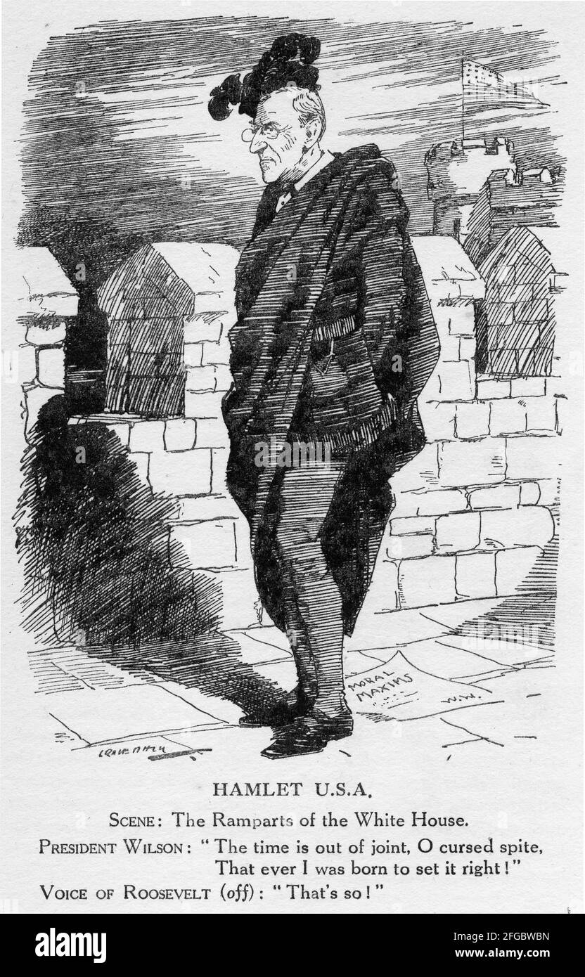 Stich des US-Präsidenten Wilson in Anbetracht der Beteiligung seiner Nation am Ersten Weltkrieg. Aus dem Magazin Punch, 1916. Stockfoto