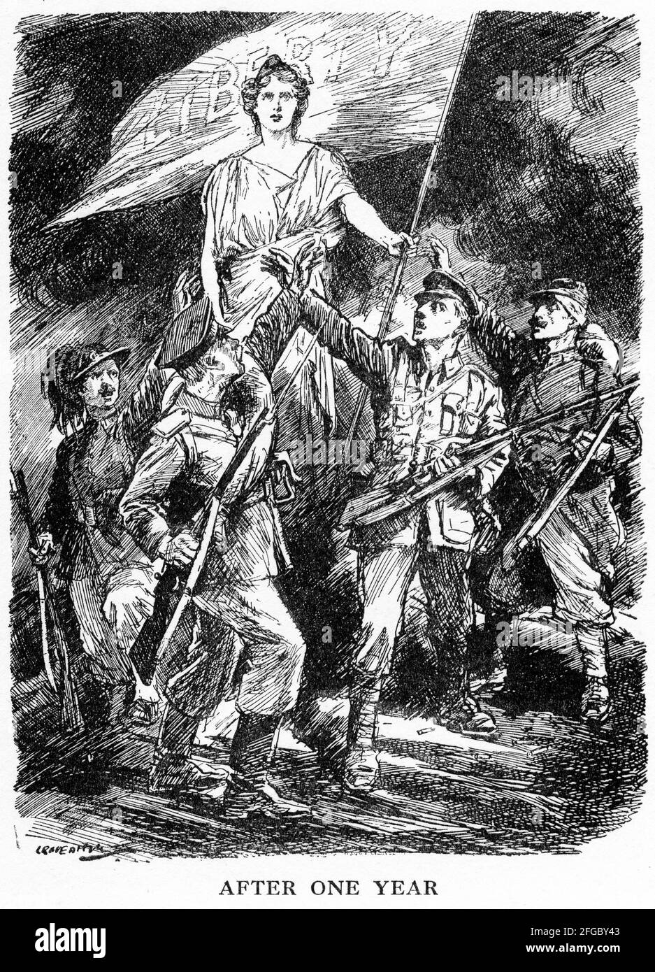 Gravur zur Steigerung der britischen Moral nach einem Jahr des Kampfes gegen den Ersten Weltkrieg. Aus dem Magazin Punch. Stockfoto
