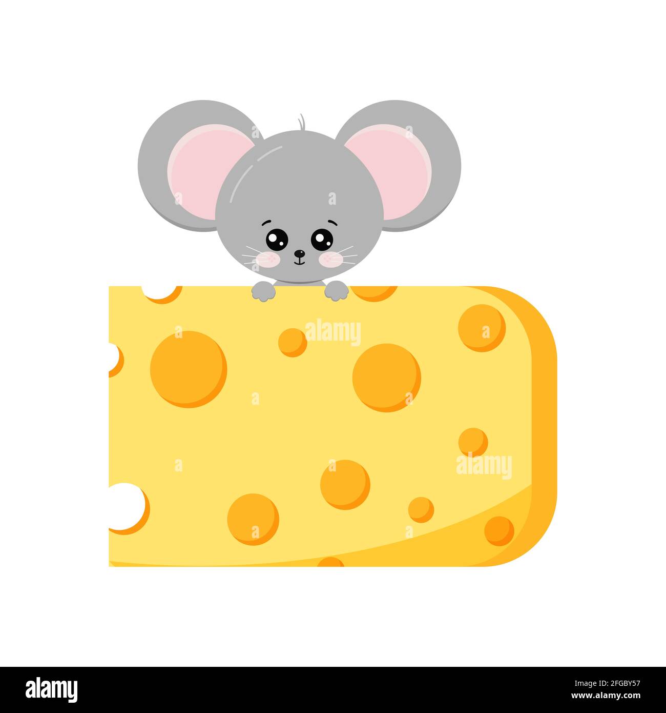 Nette Maus klettern auf Stück Käse Vektor flaches Design auf weißem Hintergrund isoliert. Stock Vektor