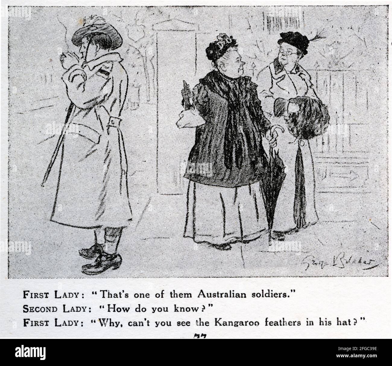 Gravur von zwei Frauen, die einen australischen Soldaten kommentieren, der während des Ersten Weltkriegs Kängurufedern in seinem Hut trug. Aus dem Magazin Punch. Stockfoto