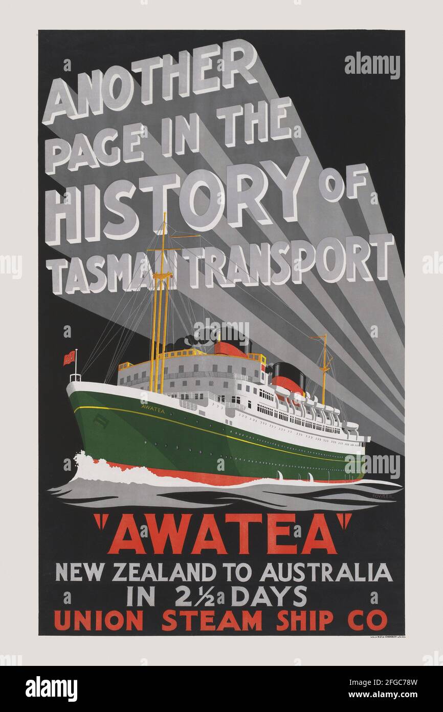 Eine weitere Seite in der Geschichte des Tasman Transports. Awatea, Neuseeland nach Australien in 2,5 Tagen von Fowler (Daten unbekannt). Restauriertes Vintage-Poster, das 1930 in Neuseeland veröffentlicht wurde. Stockfoto